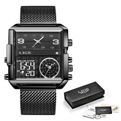 Reloj LIGE de acero negro para hombre, reloj digital con doble pantalla, cronógrafo deportivo, resistente al agua, de cuarzo, estilo militar