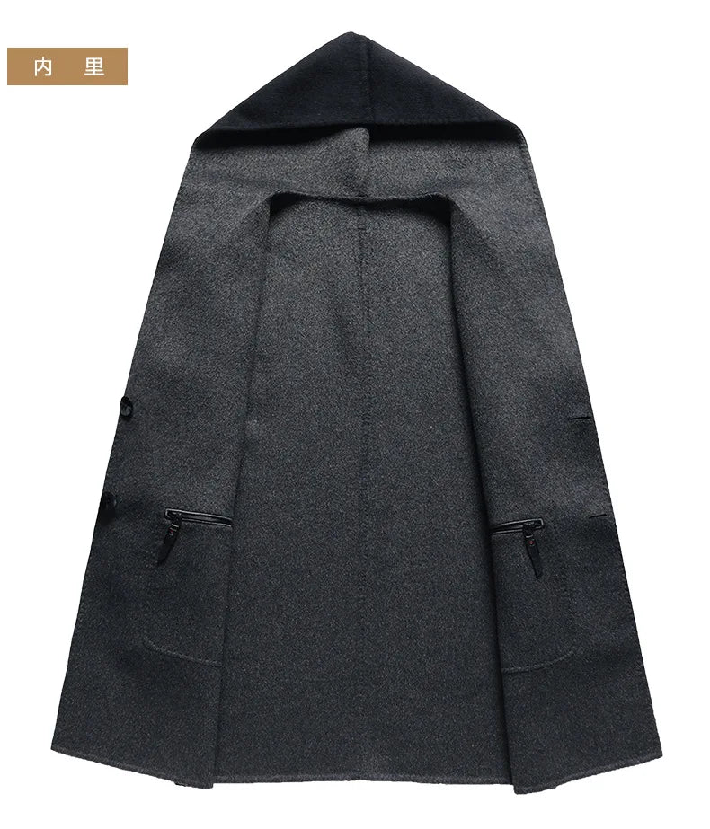 Gabardina de lana de doble faz de lujo y máxima calidad para hombre, estilo otoño-invierno, de largo medio y con capucha.