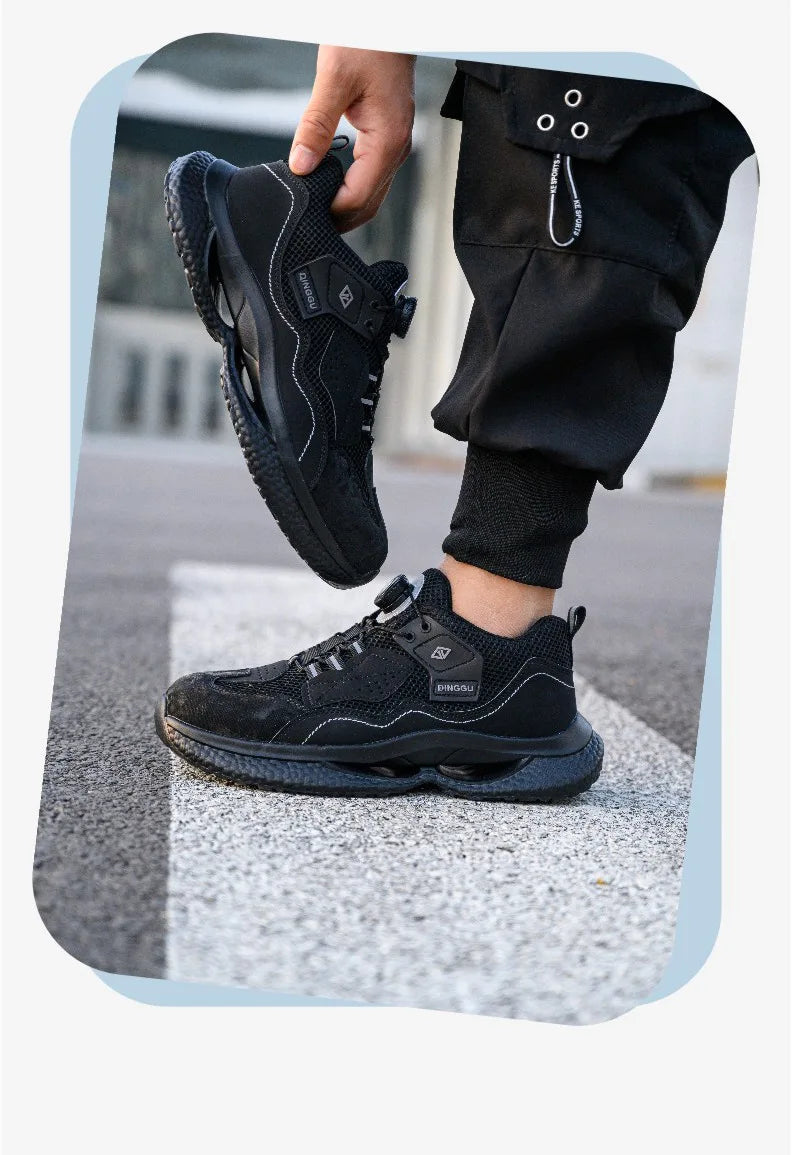 Zapatos de seguridad de trabajo con botón giratorio para hombres y mujeres, zapatos con puntera de acero, botas de seguridad indestructibles, zapatillas de trabajo protectoras ligeras.