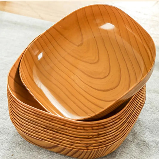 Juego de 5 platos cuadrados de plástico con veta de madera para cocina, estilo japonés, sencillos, para vajilla de cocina, cuencos y platos.