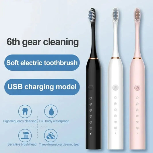 Cepillo de dientes eléctrico ultrasónico de seis velocidades, para el hogar, suave, con carga USB, impermeable, limpiador de dientes automático para adultos, juego para parejas