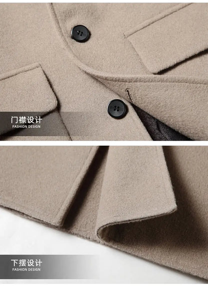 2024 Winter New Men's Hoodie Medium Long Woolen Coat Rabbit Plush Thick Warm Casual Coat High end Fabric 100% Pure Wool