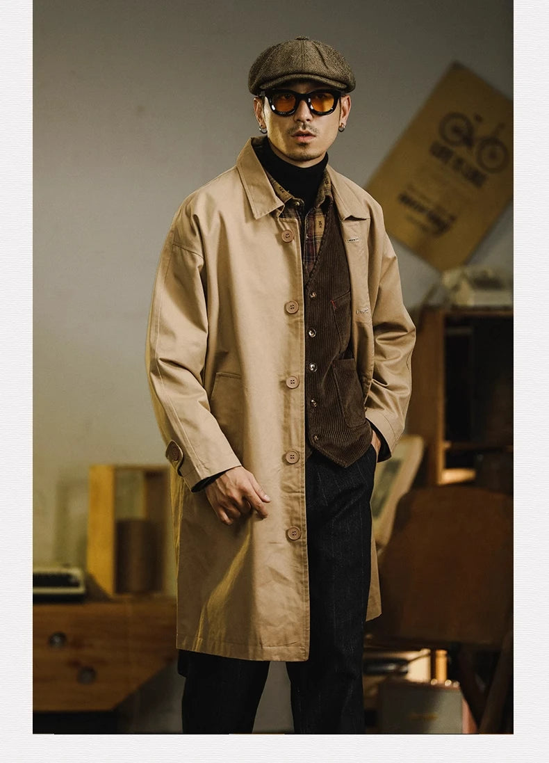 Retro American Sle Men's Long Coat Cotton Casual Faion Urban Youth Pure Color Button up Loose Fit Autumn Winter Coat
