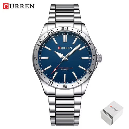 CURREN 8452 Reloj de cuarzo para hombre, sencillo, moderno, para ocio y negocios, con correa de acero inoxidable negra y plateada.