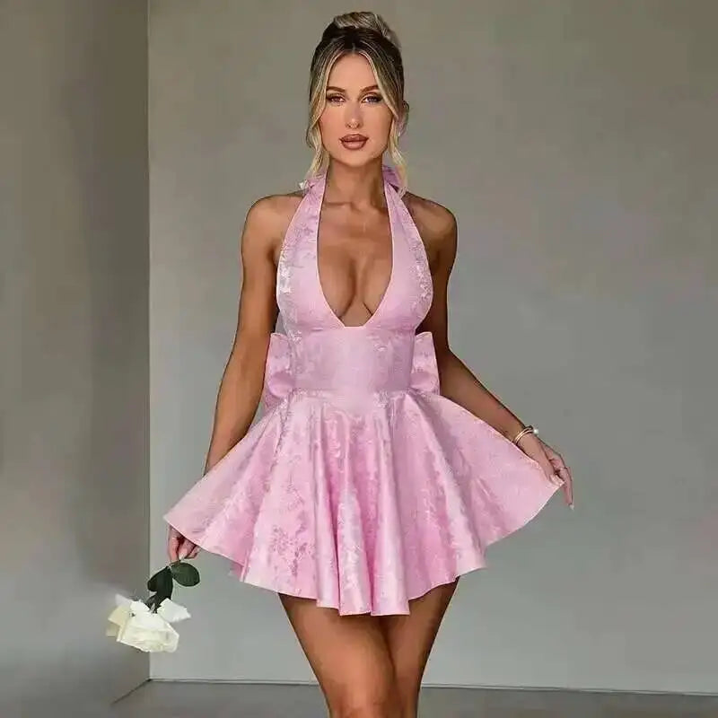 Townlike Jacquard Waist Wrap A-line Dress Women Mini 2024 Spring Summer Dress Elegant Bow Backless Sexy Party Dresses