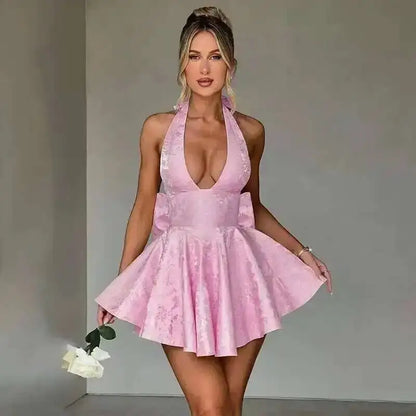Townlike Jacquard Waist Wrap A-line Dress Women Mini 2024 Spring Summer Dress Elegant Bow Backless Sexy Party Dresses