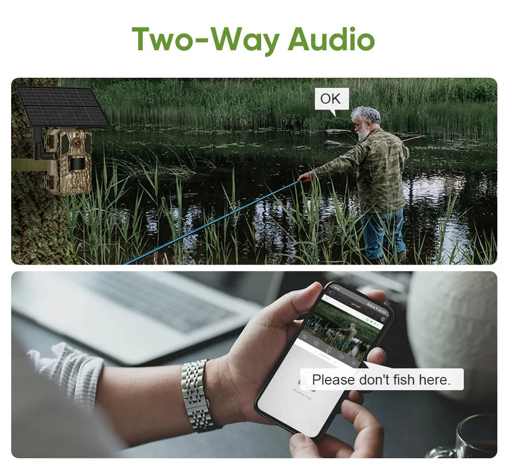 1/2 cámara de rastreo celular UCon 4G 2K con energía solar, activación por movimiento (0,2 s), visión nocturna.