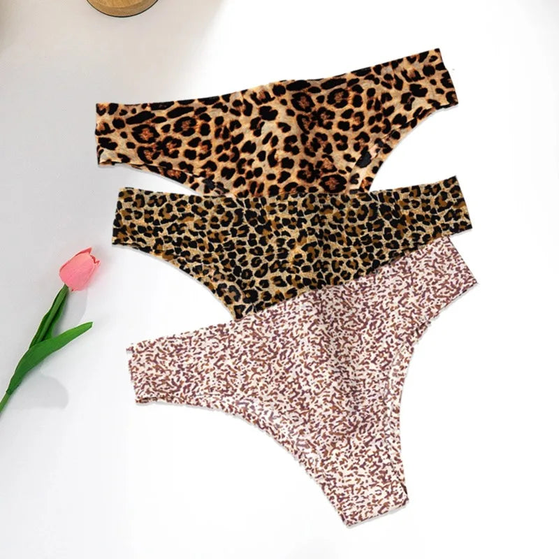 WarmSteps - Conjunto de 3 tangas sexys de leopardo para mujer, ropa interior femenina sin costuras, bragas estampadas de seda helada, 2024