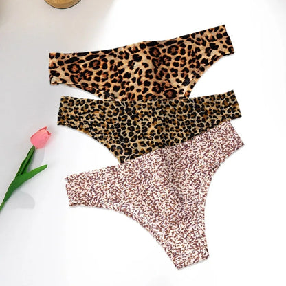 WarmSteps - Conjunto de 3 tangas sexys de leopardo para mujer, ropa interior femenina sin costuras, bragas estampadas de seda helada, 2024