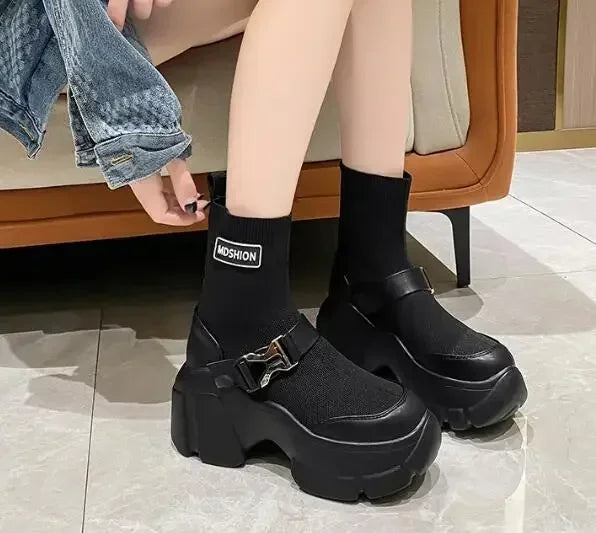 Botines de plataforma alta de 8 cm para mujer, botas cortas con suela gruesa y suela gruesa, antideslizantes, para motocicleta, para otoño