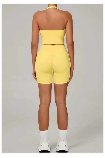 Ctenkevet - Conjunto de 2 piezas de sujetador halter sin espalda para mujer, ropa deportiva de secado rápido para gimnasio, conjunto deportivo femenino de dos piezas con pantalones cortos