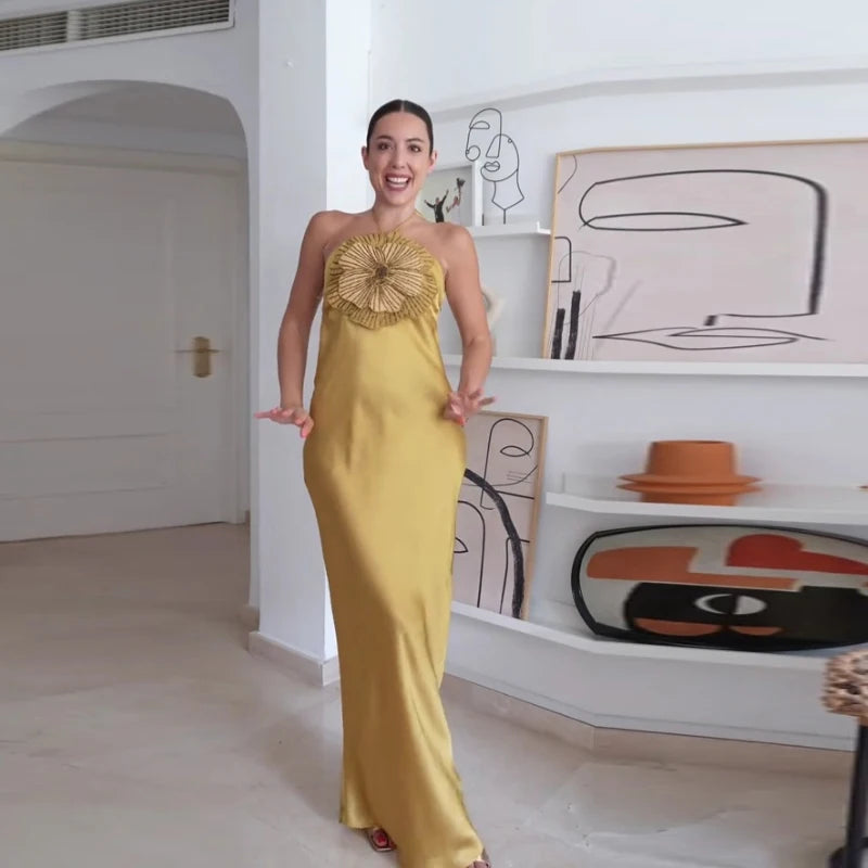 Elegante vestido de fiesta para mujer, con flores 3D, estilo halter, sin mangas, espalda descubierta, de satén estilo sirena, para mujer, verano 2025, elegante vestido de noche para mujer.