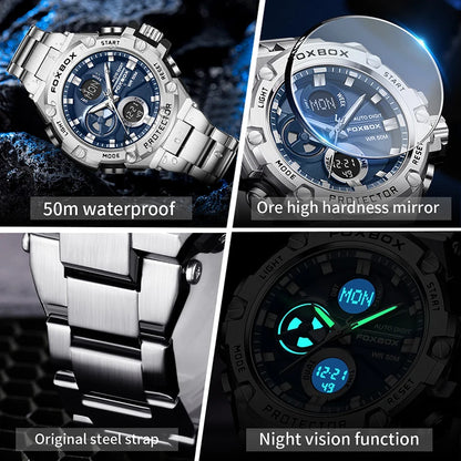 FOXBOX Relojes deportivos de lujo para hombre, reloj de pulsera de cuarzo de lujo, acero, resistente al agua, doble pantalla, relojes militares para hombre, reloj hommes