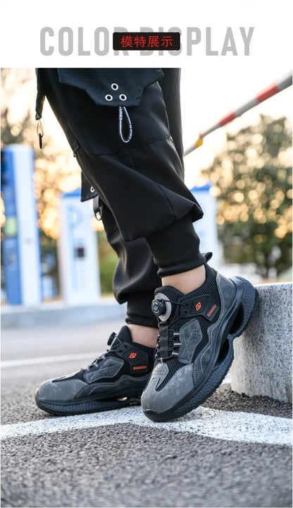 Zapatos de seguridad de trabajo con botón giratorio para hombres y mujeres, zapatos con puntera de acero, botas de seguridad indestructibles, zapatillas de trabajo protectoras ligeras.