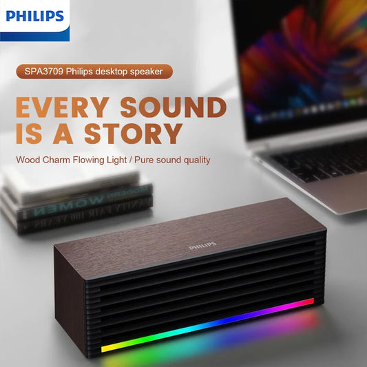 Barra de sonido de escritorio PHILIPS 3709, con un diseño de carcasa de madera simple, es moderna y compacta, y cuenta con tiras de luz RGB.