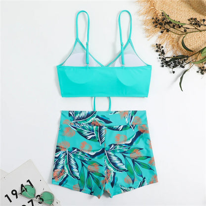 Bikini con cordón y estampado tropical para mujer, traje de baño de cintura alta con lazo frontal, pantalones cortos, traje de baño sexy para mujer, ropa de playa de verano