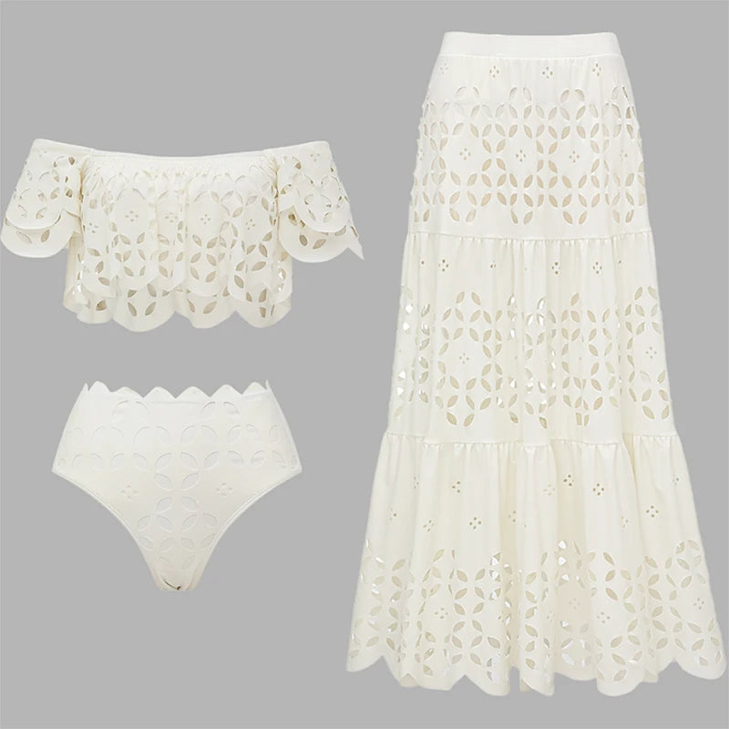 Flaxmaker - Traje de baño de bikini sexy sin tirantes y ahuecado para mujer, chaleco liso sin mangas, falda recta, conjunto informal elegante de verano para mujer