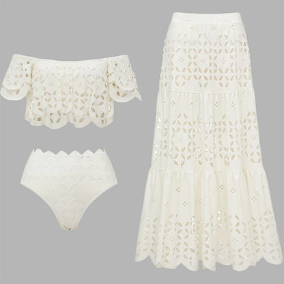 Flaxmaker - Traje de baño de bikini sexy sin tirantes y ahuecado para mujer, chaleco liso sin mangas, falda recta, conjunto informal elegante de verano para mujer