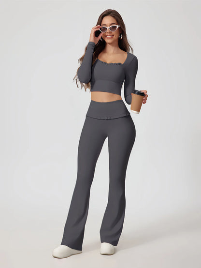 Conjunto de Yoga de 2 Piezas con Volantes para Mujer, Cintura Alta, Control de Abdomen, Pantalones Acampanados, Top de Manga Larga, Ropa Deportiva para Gimnasio, Correr, Clásico, Gris Oscuro