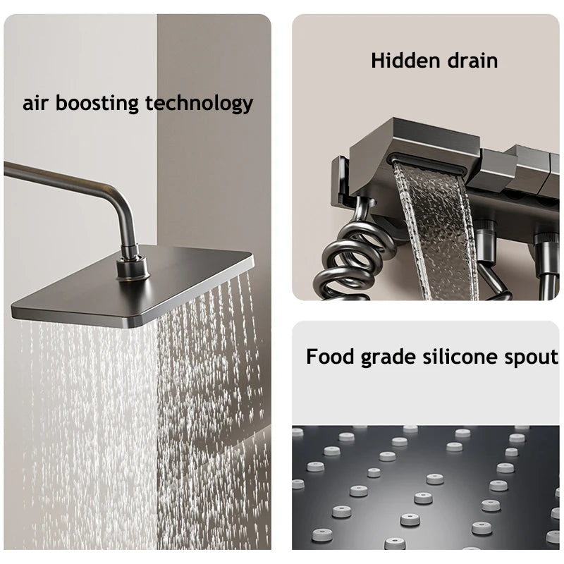 Sistema de ducha con luz ambiental y botones de piano grises, pantalla digital, grifos tipo lluvia y cabezal de ducha.