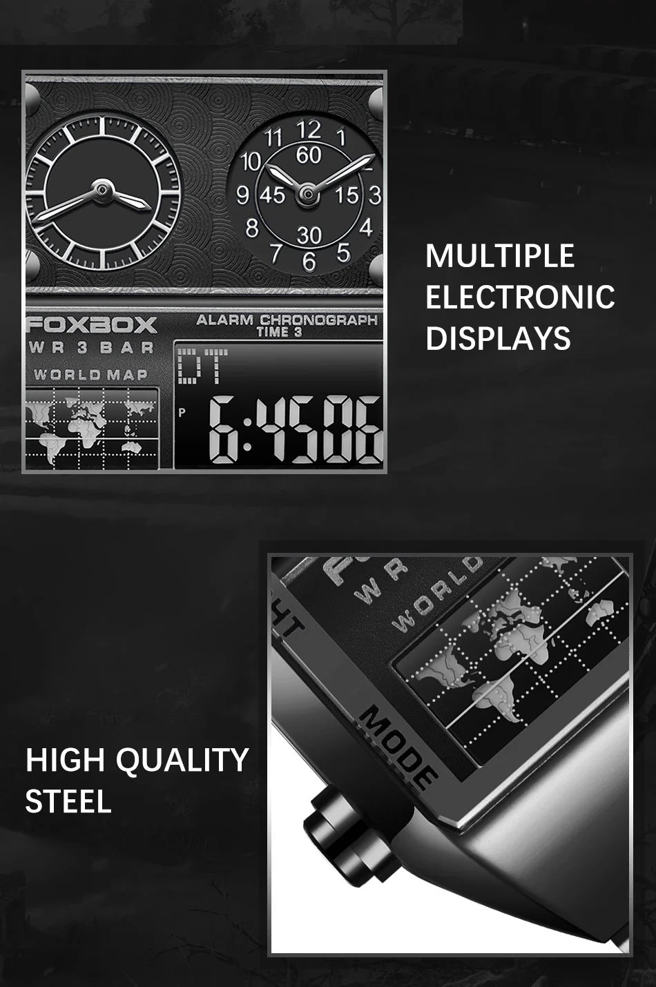 LIGE - Nuevo reloj para hombre, cuadrado, luminoso, deportivo, correa de acero inoxidable, doble pantalla, reloj de pulsera de cuarzo, reloj militar resistente al agua