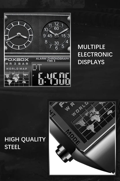 LIGE - Nuevo reloj para hombre, cuadrado, luminoso, deportivo, correa de acero inoxidable, doble pantalla, reloj de pulsera de cuarzo, reloj militar resistente al agua