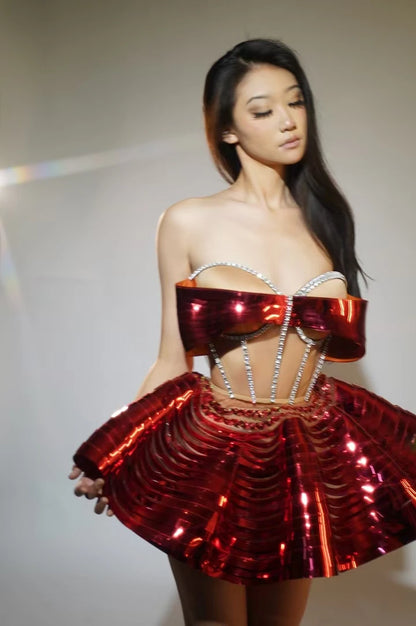 Sexy Diamonds Activity Clothing Women ClubCelebrate Stage Wear Performance Outfit Sparkly GoloSilver Top 2PCS Skirt Sets  Y009