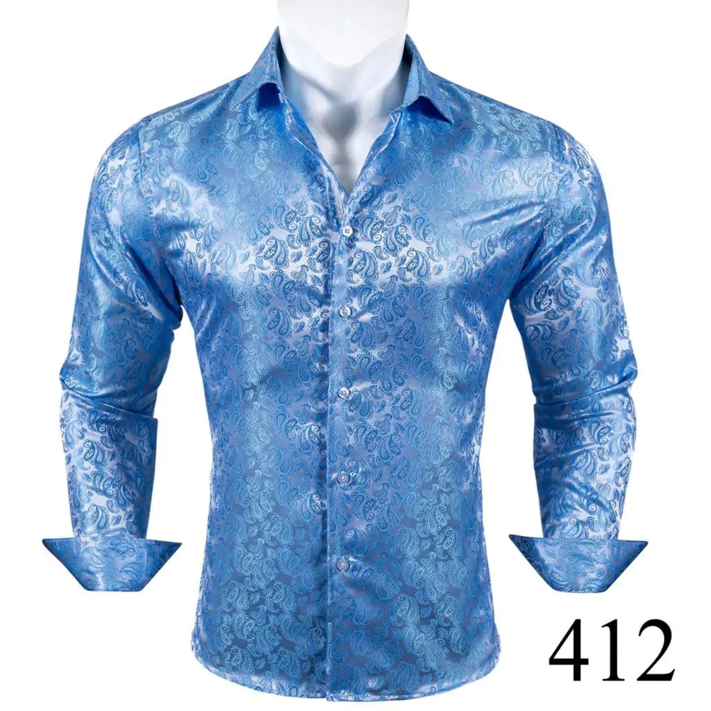 Camisas clásicas negras estampadas y bordadas para hombre, solapa de seda, manga larga, corte formal exquisito, ideales para eventos de negocios y fiestas. Barry.Wang CY-0407