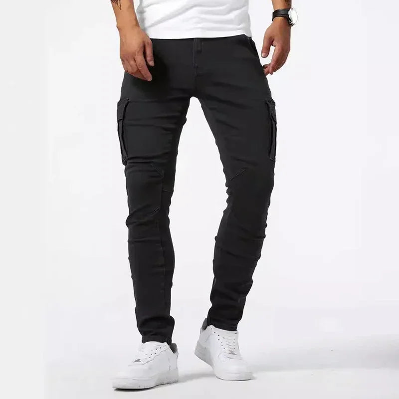 Pantalones vaqueros casuales de hombre, estilo lápiz, elásticos, con múltiples bolsillos, corte ajustado, estilo urbano, lavado liso, cintura media, estilo cargo.