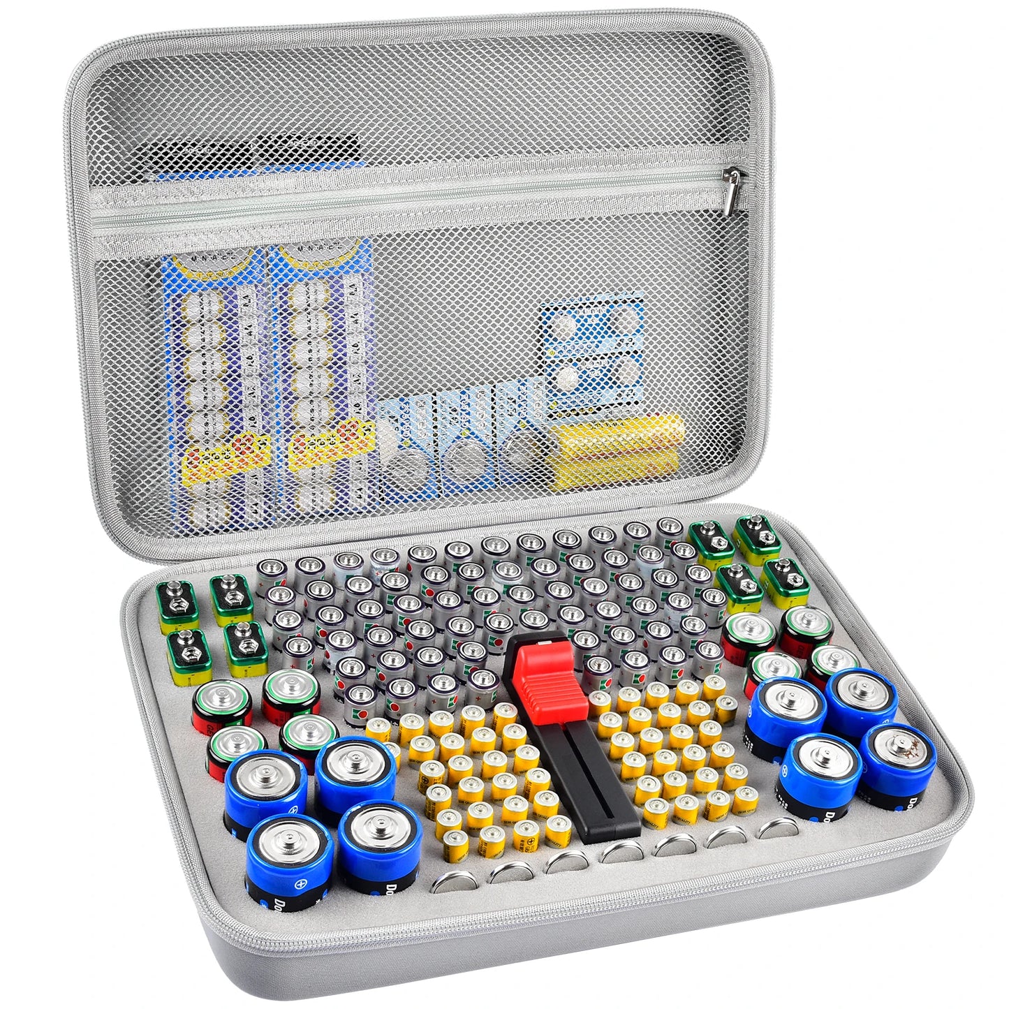 Estuche organizador de baterías, contenedor para guardar baterías con comprobador. Caja organizadora para garaje.