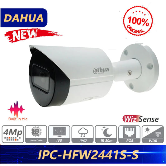 Cámara de red tipo bala Dahua Original IPC-HFW2441S-S de 4 MP con infrarrojos, focal fija y WizSense, detección de vehículos y personas, micrófono integrado.
