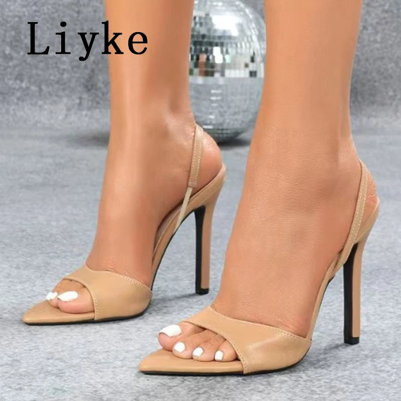 Liyke - Sandalias sexis con tiras traseras para mujer, moda de verano 2025, con punta abierta, sin cordones, de diseñador, tacones altos, zapatos de fiesta, talla 43