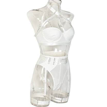 Conjunto de lencería sexy para mujer, con panel de encaje, escote en V profundo, glúteos abiertos, tirantes con forma de corazón de melocotón, cadena cruzada, liguero, ropa interior de tres piezas
