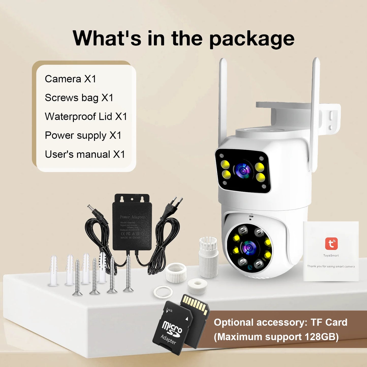 Cámara de seguridad exterior Tuya WiFi PTZ de 10 MP con doble lente, pantalla dual 4K, seguimiento automático y monitoreo de videovigilancia.