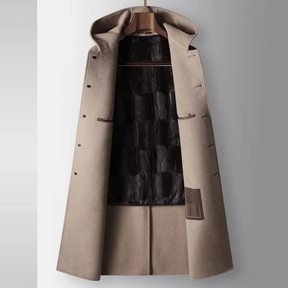 2024 Winter New Men's Hoodie Medium Long Woolen Coat Rabbit Plush Thick Warm Casual Coat High end Fabric 100% Pure Wool