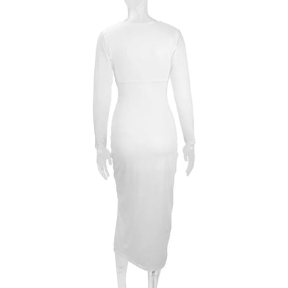 2025 Autumn Winter Female Fashion Slim Fit Long Sleeve V Neck Dress Women's Sexy Slit Knee Length Midi Dress Regular Shoulder