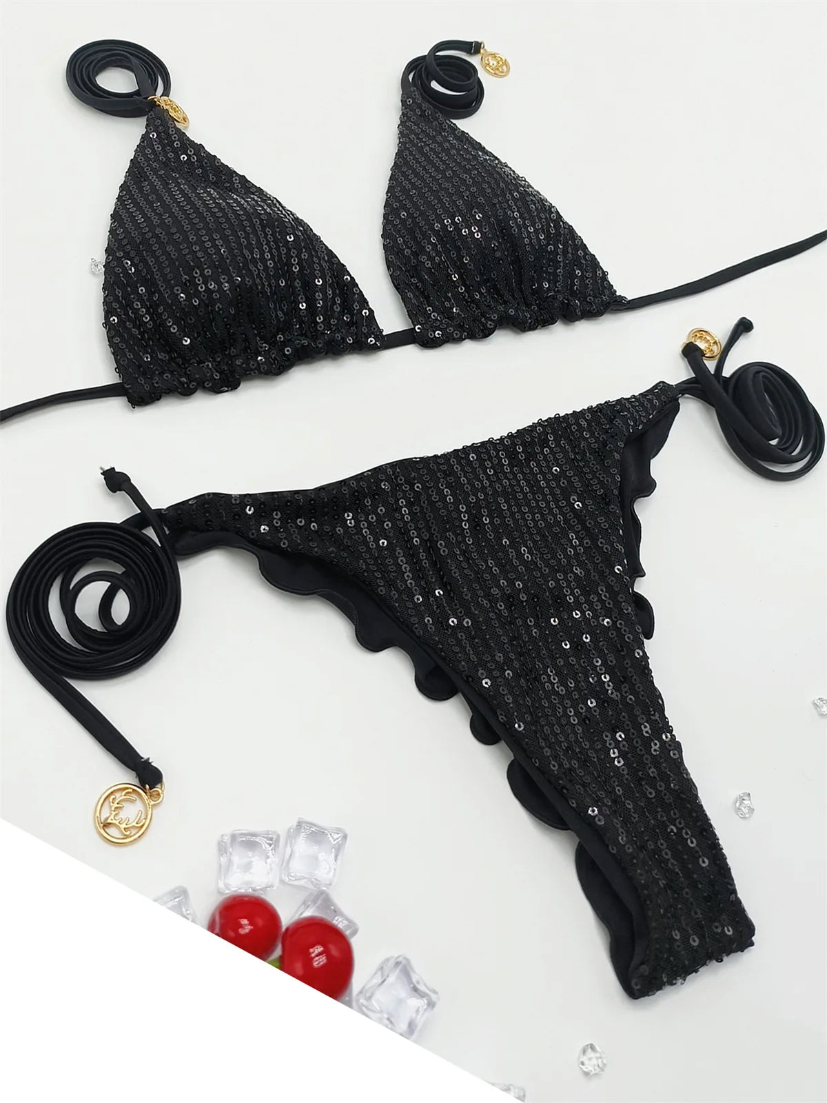 Bikini unicolor con purpurina, bañador sexy con cuello halter, traje de baño para mujer, conjunto de bikini con lentejuelas brillantes, ropa de playa, bikini brasileño