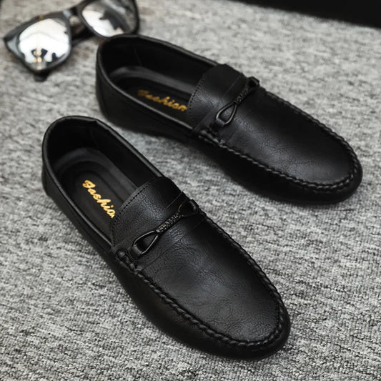 Zapatos casuales para hombre, de piel sintética, de marca de lujo, mocasines para hombre, transpirables, sin cordones, negros, para conducir