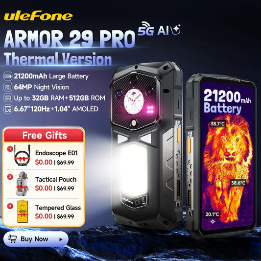 Estreno mundial del Ulefone Armor 29 Pro Thermal Version: Teléfono resistente 5G con IA, batería de 21200 mAh, carga rápida de 120 W, cámara de 64 MP con visión nocturna, pantalla de 6,67" a 120 Hz y 512 GB de ROM.