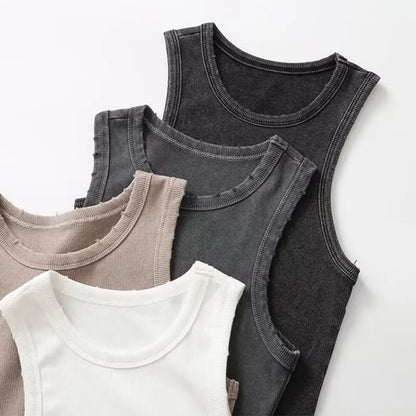 BMURHMZA - Camiseta sin mangas de trabajo retro sencilla con ribete lavado al agua para mujer