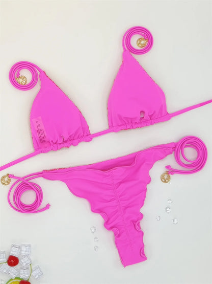 Bikini unicolor con purpurina, bañador sexy con cuello halter, traje de baño para mujer, conjunto de bikini con lentejuelas brillantes, ropa de playa, bikini brasileño