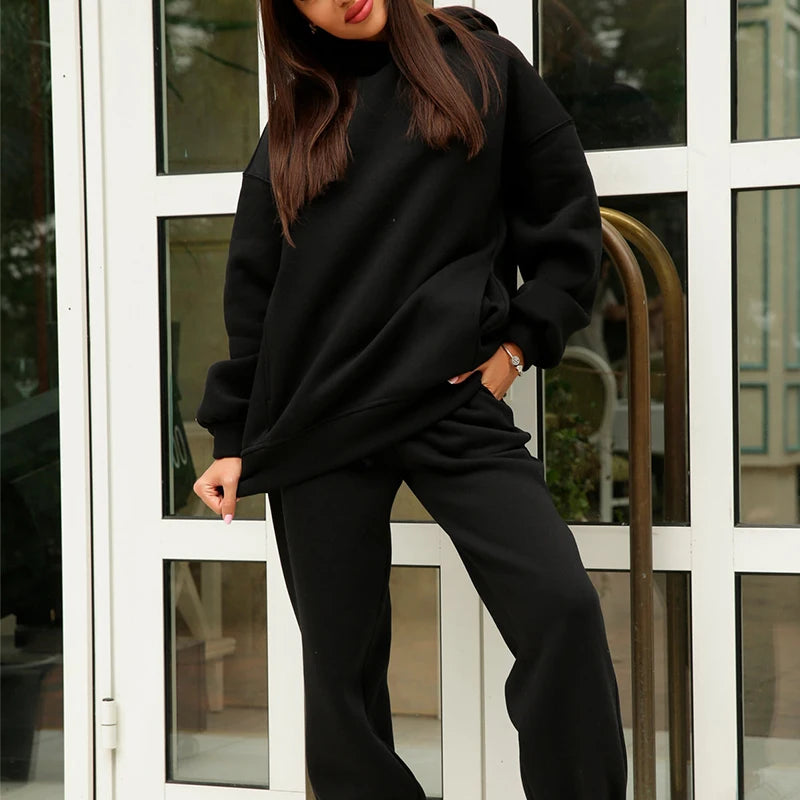 Conjuntos de dos piezas de forro polar para mujer, elegantes, de color sólido, con capucha extragrande y pantalones largos, chándal deportivo para otoño e invierno 2023.