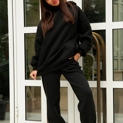 Conjuntos de dos piezas de forro polar para mujer, elegantes, de color sólido, con capucha extragrande y pantalones largos, chándal deportivo para otoño e invierno 2023.