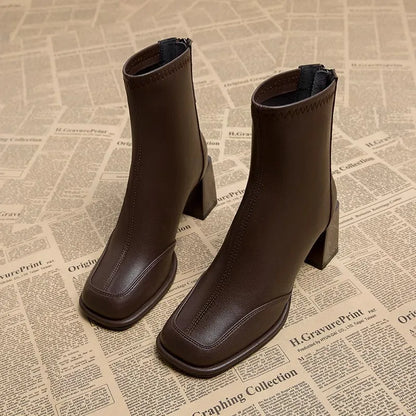 British Vintage Square Toe Ankle Boots Women 2025 Autumn Winter Thick High Heel Black Pu Boots Woman Cowboy Short Booties Shoes