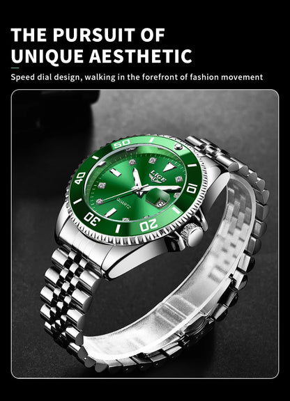 Reloj de lujo LIGE para hombre, reloj de cuarzo con esfera engastada de diamantes, resistente al agua, calendario, mariposa, doble cierre, acero inoxidable.