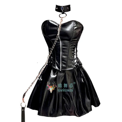 PU Leather Top and Skirt Set Vestido Strapless Top Shiny Hot Dress Tight Package Hip Queen Uniform Sexy Clubwear Cat Girl Set