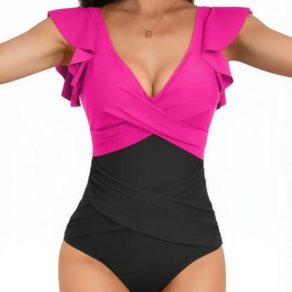 Traje de baño de una pieza para mujer con diseño cruzado y ribetes de hojas que cubren el vientre. Nuevo modelo de gran oferta de la temporada, procedente de China continental.