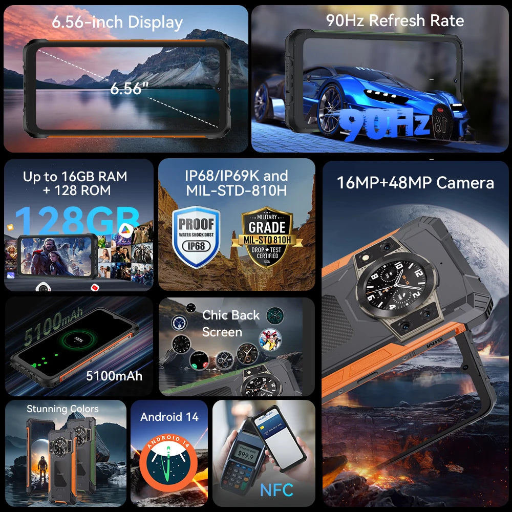 Cubot KingKong ACE 2, smartphone ultradelgado y resistente, Android 14, 16 GB de RAM (6 GB + 10 GB), + 128 GB de ROM, pantalla de 6,56" a 90 Hz, NFC.