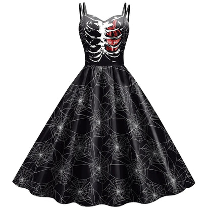 Halloween Costume Skeleton Rose Print Women Girl Female Goth Horror Rockabilly Carnival Fancy Dress Up Party Performance