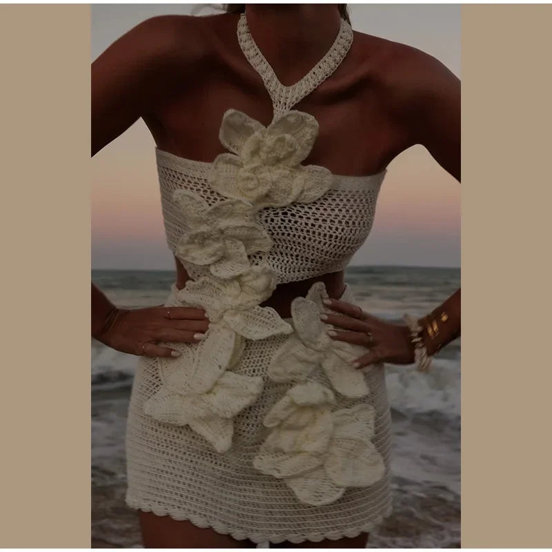 Vestido largo de punto con cuello halter y estampado floral, sexy, sin mangas y con espalda descubierta, estilo maxi, colección 2024. Ideal para la playa y las vacaciones.